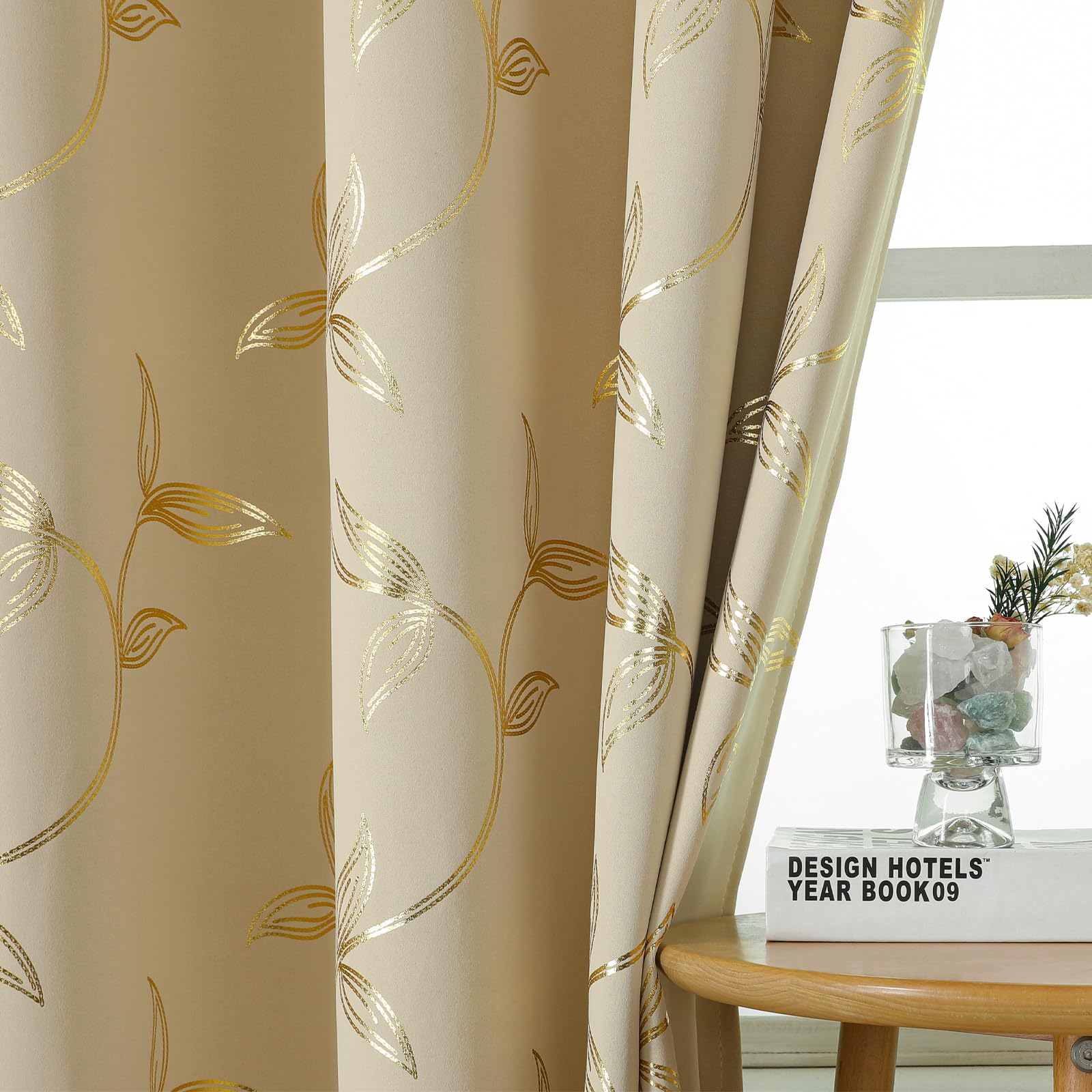 Metallic Gold Leaves Printed Curtains - Cream Eyelet Room Darkening Drapes (70-80%), Decorative Light Filtering Window Treatments for Lounge Privacy & Glare Reduction, 2 Panels-W52 x L96 inch
