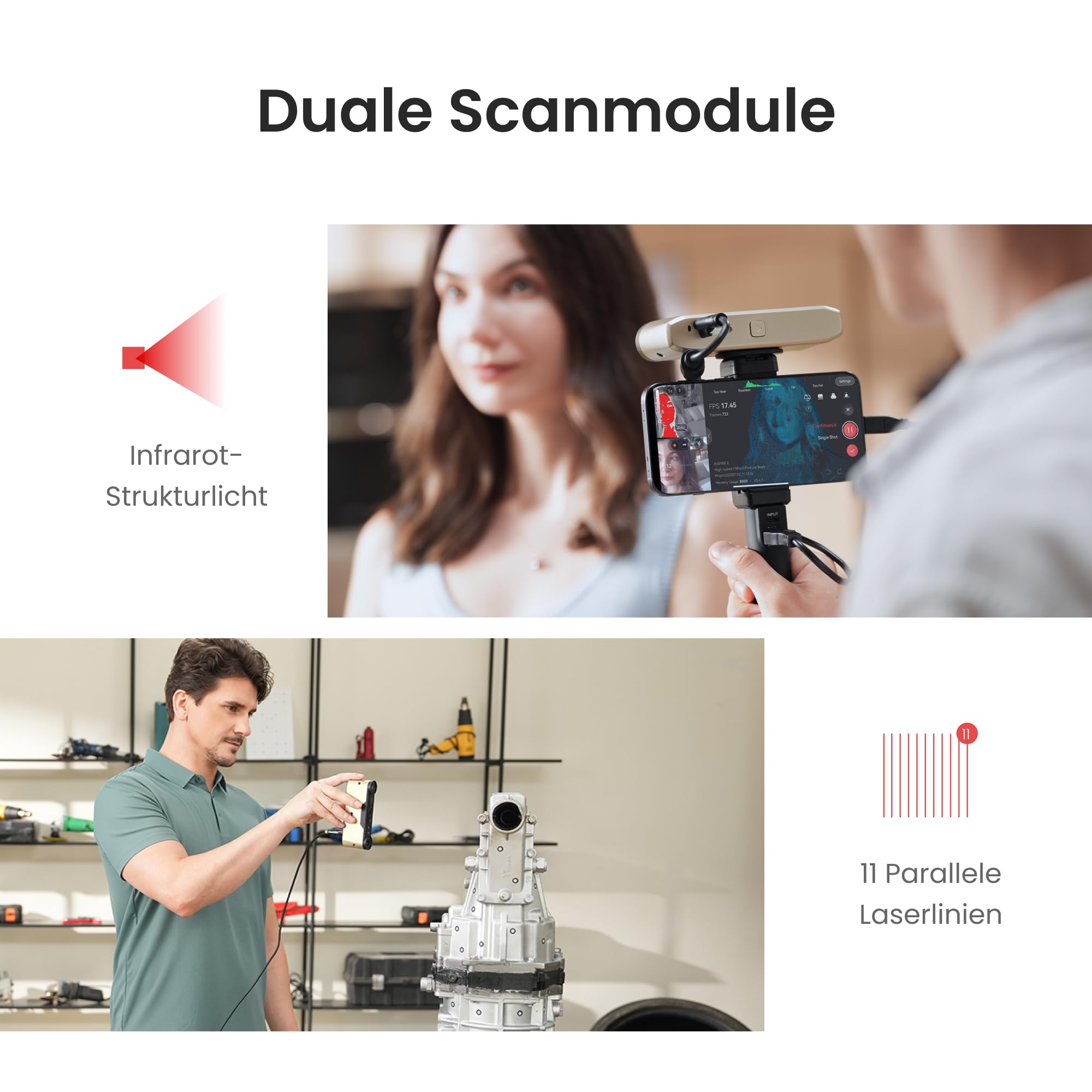Revopoint INSPIRE 2 3D-Scanner für 3D-Druck, bis zu 0,03 mm Präzision, Mehrstrahl-Laser & Strukturiertes Licht, Scannen im Freien & Kabelloses Scannen, Vollfarbscans, Optischer Zoom, 190g, Standard