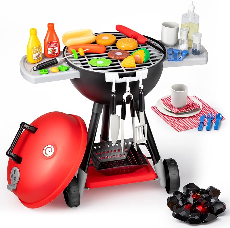 JOYIN Kitchen Toy Set, BBQ Play Grill, Cooking Toy Set, Little Chef Play, Kids Grill Playset Interactive BBQ for Kids with Light & Sound, Birthday Gift for 3 4 Year Old Boys Girls Outdoor Toys