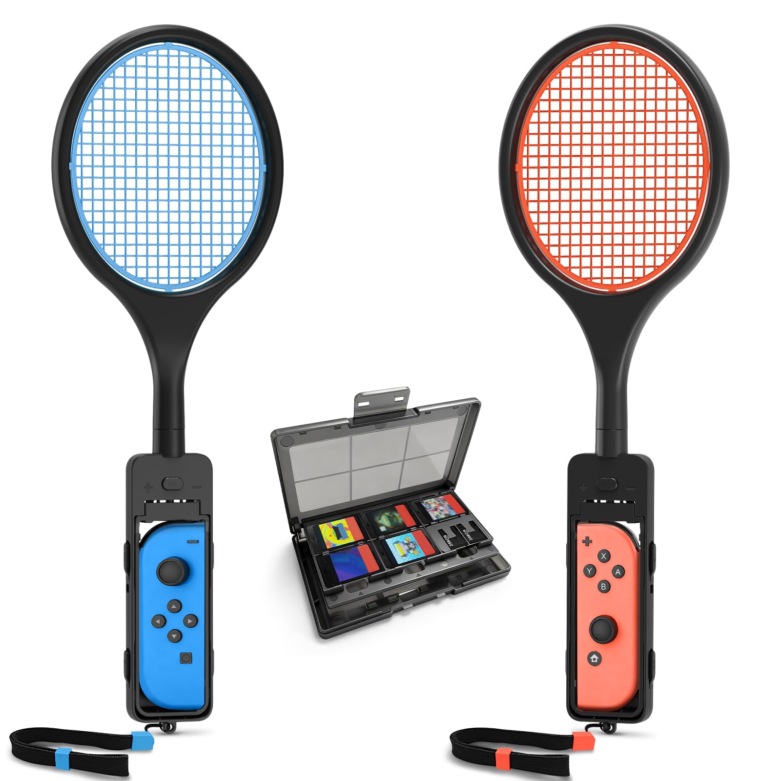 Tendak Tennis Racket for Nintendo Switch Joy-Con, Tendak Game Accessories for Mario Tennis Aces Game with 12 in 1 Game Card Case (2 Pack, Black)