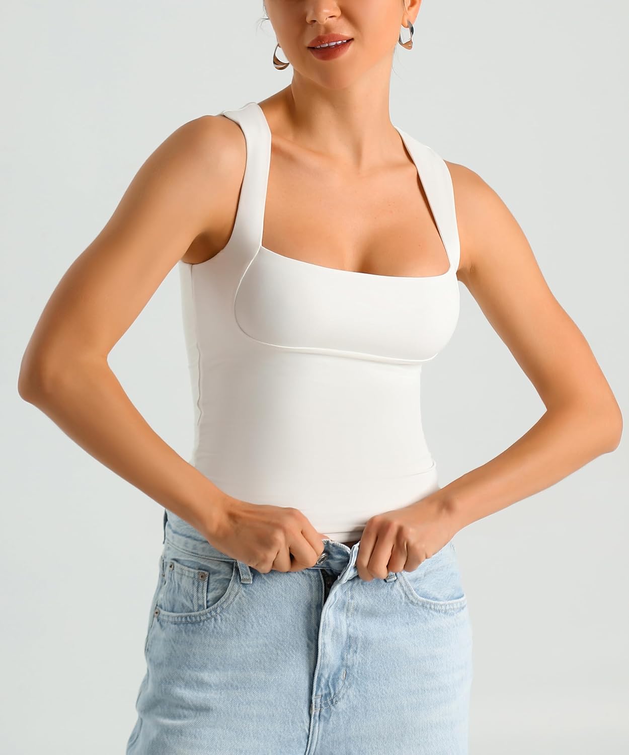 HOYAYO Women's Slim Fit Double-Layer Tank Top Square Neck Sleeveless Basic Fitted Tee Shirt - Image 2