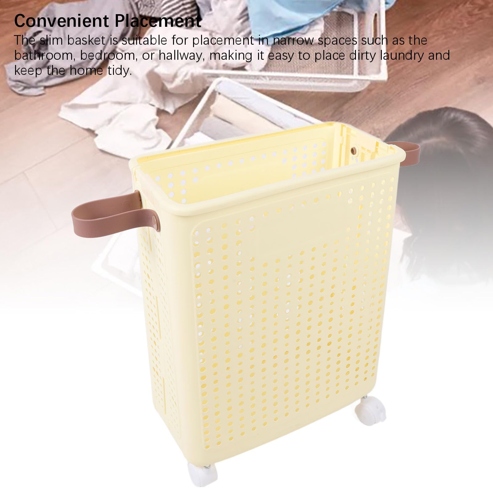Cesto portabiancheria sottile, pieghevole, salvaspazio, robusto, in plastica PP, stretto, per angolo bagno, lavanderia, bianco crema (Con ruote)