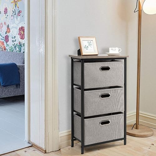 Miniatura 8 de Giantex - Cajonera vertical con 3 cajones de tela, cubos de tela de fácil extracción, marco de acero y parte superior de madera, organizador de
