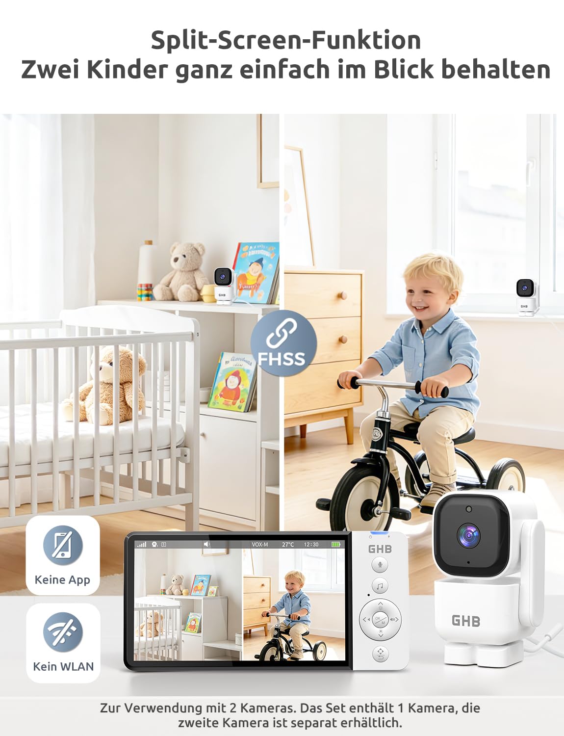 GHB Babyphone mit Kamera 5 Zoll 720P HD Display mit bis zu 168h Akkulaufzeit im VOX Bewegungserkennung Split-Screen-Anzeige Nachtsicht 4X Zoom Schwenkbar
