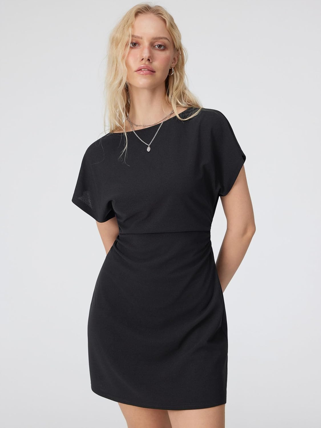 CIDER Womens Mini Dress Boat Neck Short Sleeve Back Tie Waist Dresses Date Night Outfits