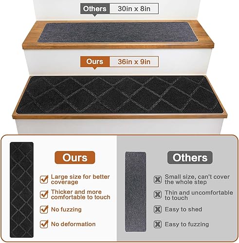 Miniatura 3 de Seloom Peldaños de escalera de 9 x 36 pulgadas para peldaños de madera, alfombra antideslizante con respaldo antideslizante especializada para