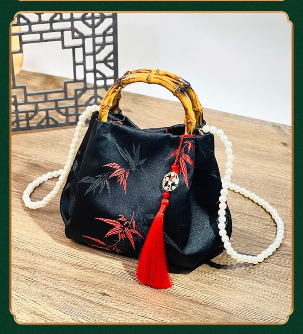 Women's Chic Cheongsam Handbag Retro Brocade Handbag Leaf Jacquard Hanfu Bag Evening Clutch With Bead Chain - Image 5