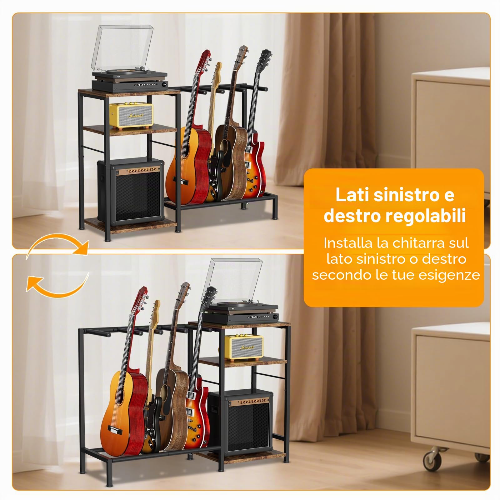 Supporto per chitarra, a 3 ripiani, per chitarra acustica, chitarra elettrica, basso, regolabile, multi display per chitarra, sala musica, studio domestico con ripiano, accessori per