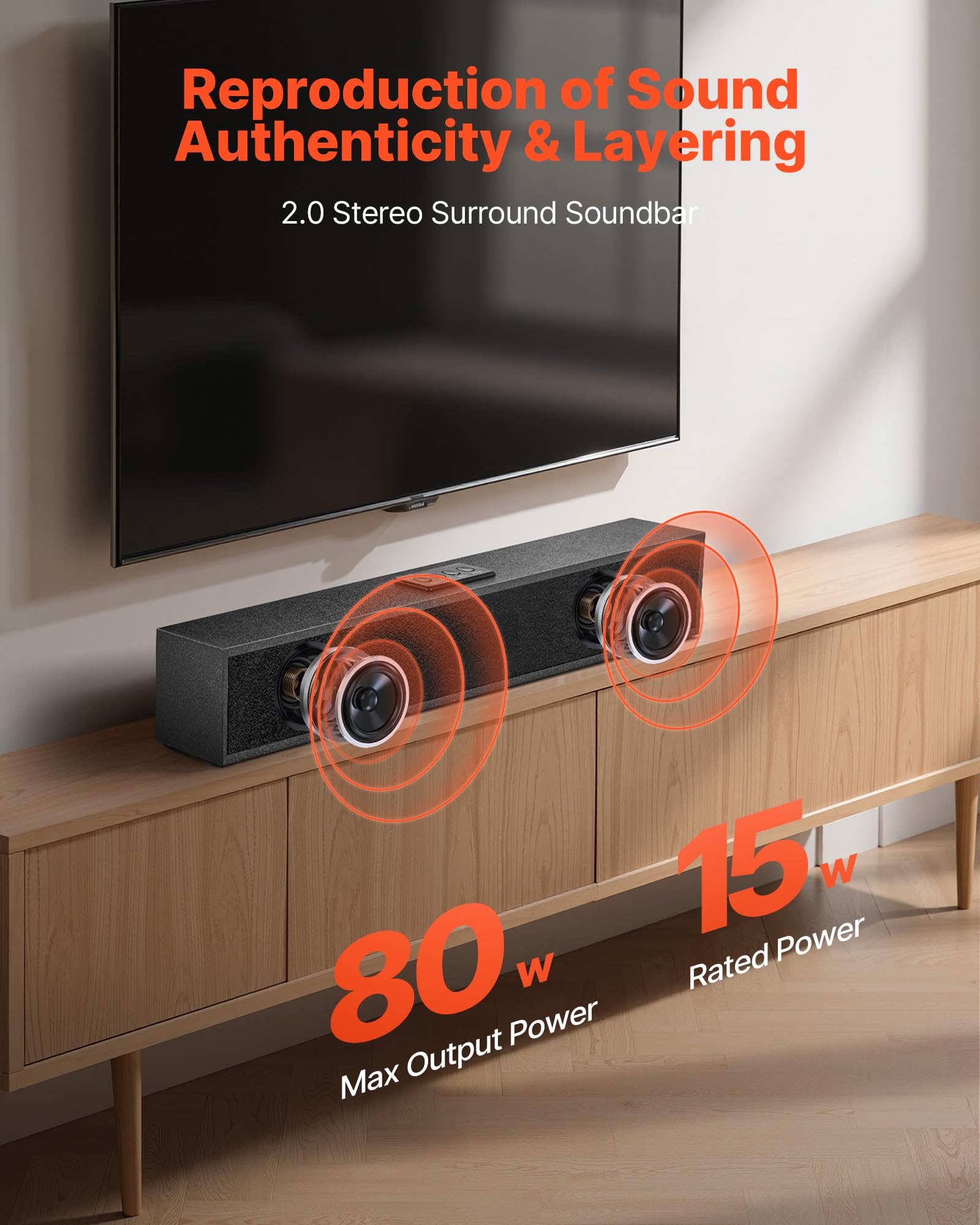 VEVOR Sound Bar per Smart TV, 2.0 canali, 24 pollici, altoparlante compatto per proiettore, connessione Bluetooth AUX, telecomando, facile installazione, sistema audio surround da 80 W per PC Home