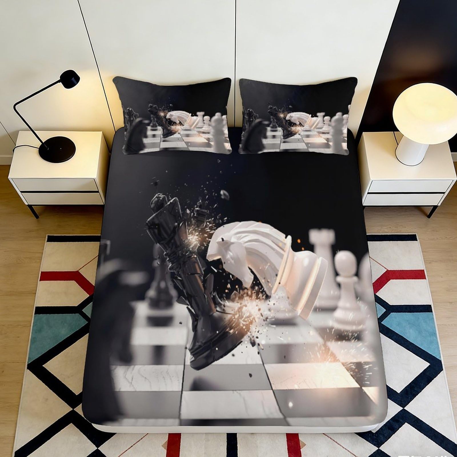 3D Printed Chess Board Fitted Sheet Microfiber Black White Knight Bed Cover for Bedroom Guest Room Decor 90x200x25cm
