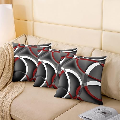 Miniatura 4 de Juego de 2 fundas de almohada modernas con estampado de líneas geométricas de doble cara de 16 x 16 pulgadas, color gris, negro y rojo, fundas de