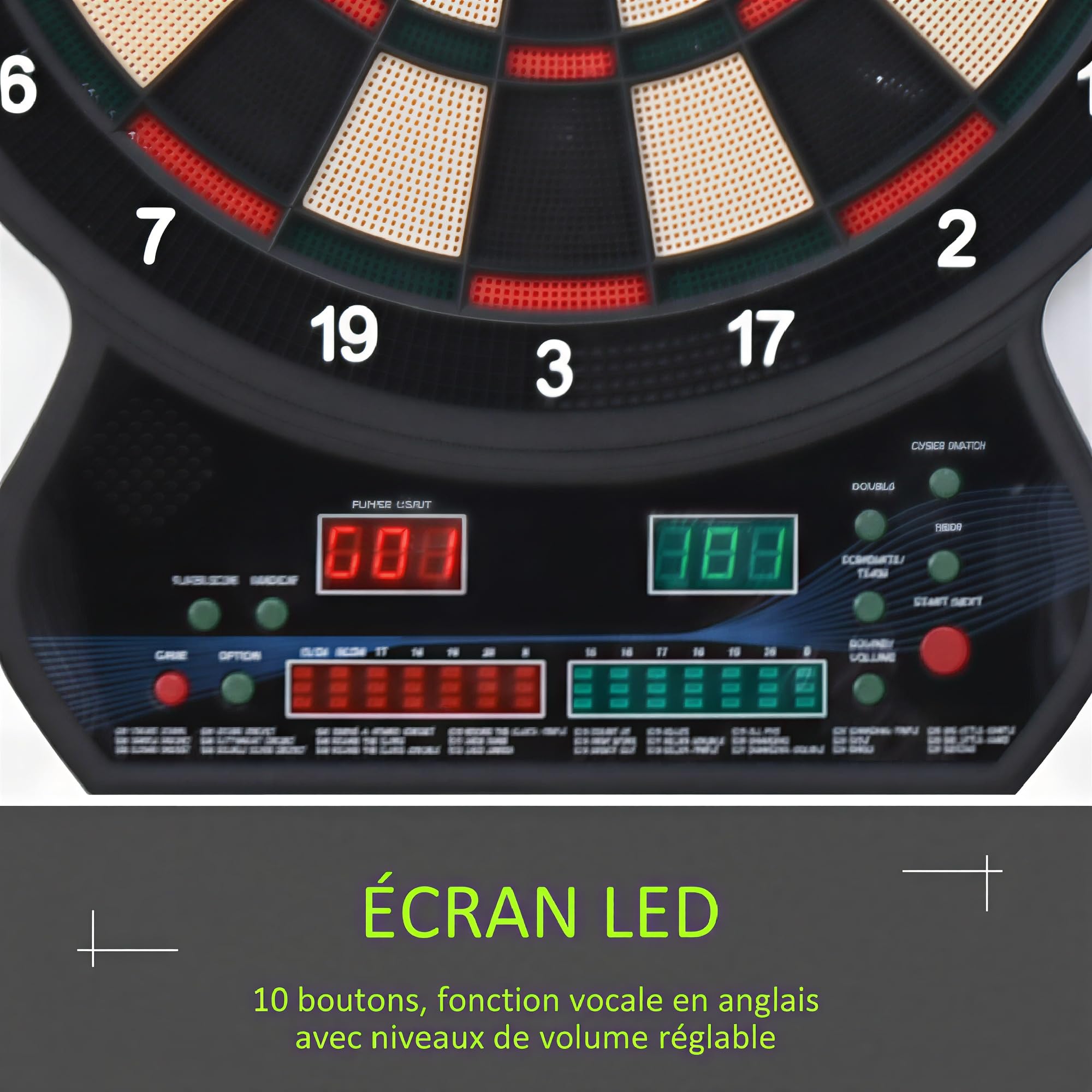 HOMCOM Cible Jeu de fléchettes électronique 27 Jeux et 202 Variations, jusqu'à 8 Joueurs, Affichage LED, Jeu de fléchettes avec 12 fléchettes Pointes Souples et 30 Pointes de Rechange Noir
