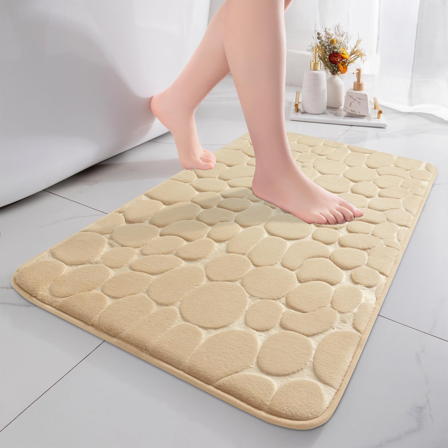 chakme Badematte Memoryschaum Badteppich Memory Foam Duschvorleger Saugfähige Badvorleger Badezimmerteppich Duschmatte Deko Fussmatte rutschfeste Matte für Badezimmer Wohnzimmer 43x61 cm, Dunkelbeige