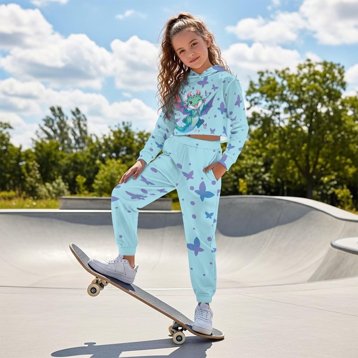 Girls Sweat Suit Set 2 Piece Full Length Crop Top Hoodie Sweatshirt and Pant Sets