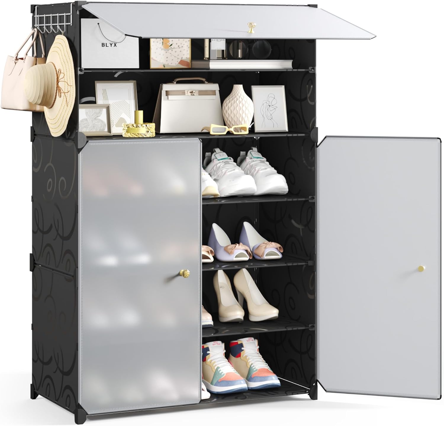 Mondeer Shoe Rack, Shoe Cabinet 6 Levels with Doors, Plastic Storage Cabinet with Adjustable Shelf, for Hallway, Bedroom, Living Room, Entrance, 30 × 60 × 93 cm (Black)