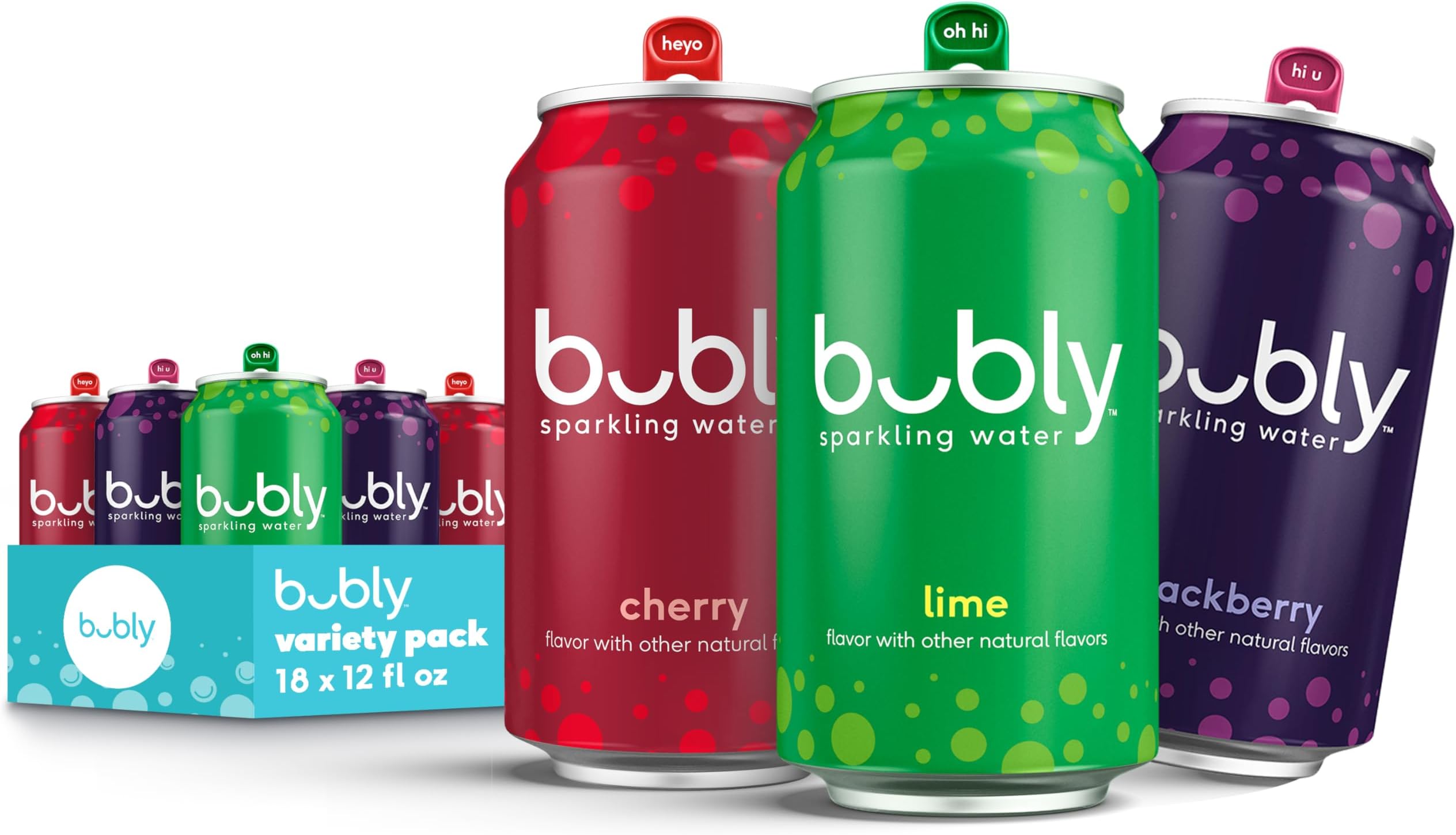 bubly Sparkling Water, Lime Yours 3 Flavor Variety Pack (Lime, Cherry, Blackberry), Zero Sugar & Zero Calories, Seltzer Water, 12 Fl Oz Cans (Pack of 18)