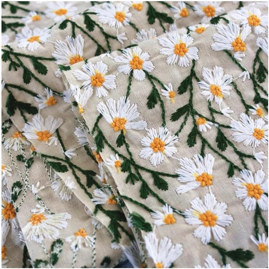 3D Daisy Embroidery Cotton Linen Fabric by The Yard for Sewing DIY Clothes Dress Tablecloth Bag Cushion (Beige,47.2" x 78.7")