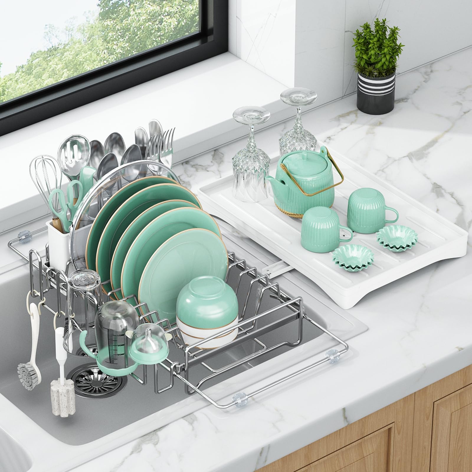 Aufworld Dish Drying Rack, Expandable SS304 Rustproof Sink Dish Rack with Drainboard, Over Sink Dish Drainer for Kitchen Counter with Utensil Holder & Cup Rack, Space Saving Dish Dryer Rack