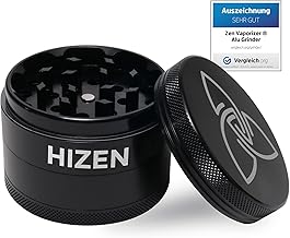 HIZEN Alu Grinder Ø 49mm, 4-teilige Kräutermühle, Crusher Set für getrocknete Kräuter, Pollen, Blüten, Gewürze mit Pollenfach und Schaber (Schwarz)