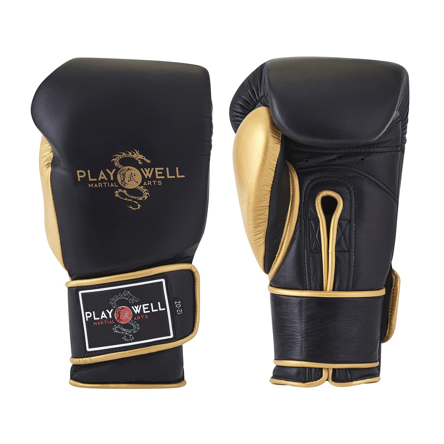 Playwell Gamma Premium: Pro Guanti da boxe "Champion" in vera pelle – Nero/Oro – NUOVO