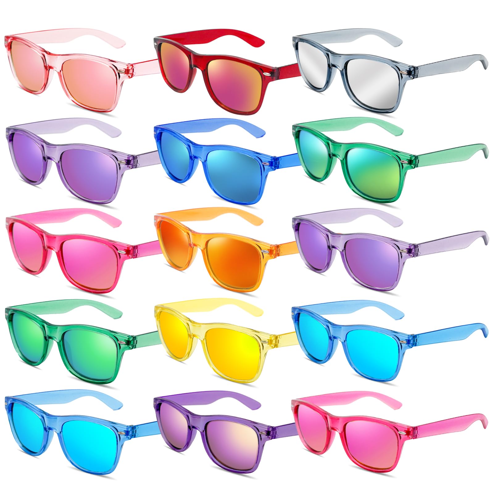 Geopty 15 Pack Neon Party Favors Sunglasses Bulk, Retro Colorful Mirror Lens Sunglasses 80s 90s Party Glasses