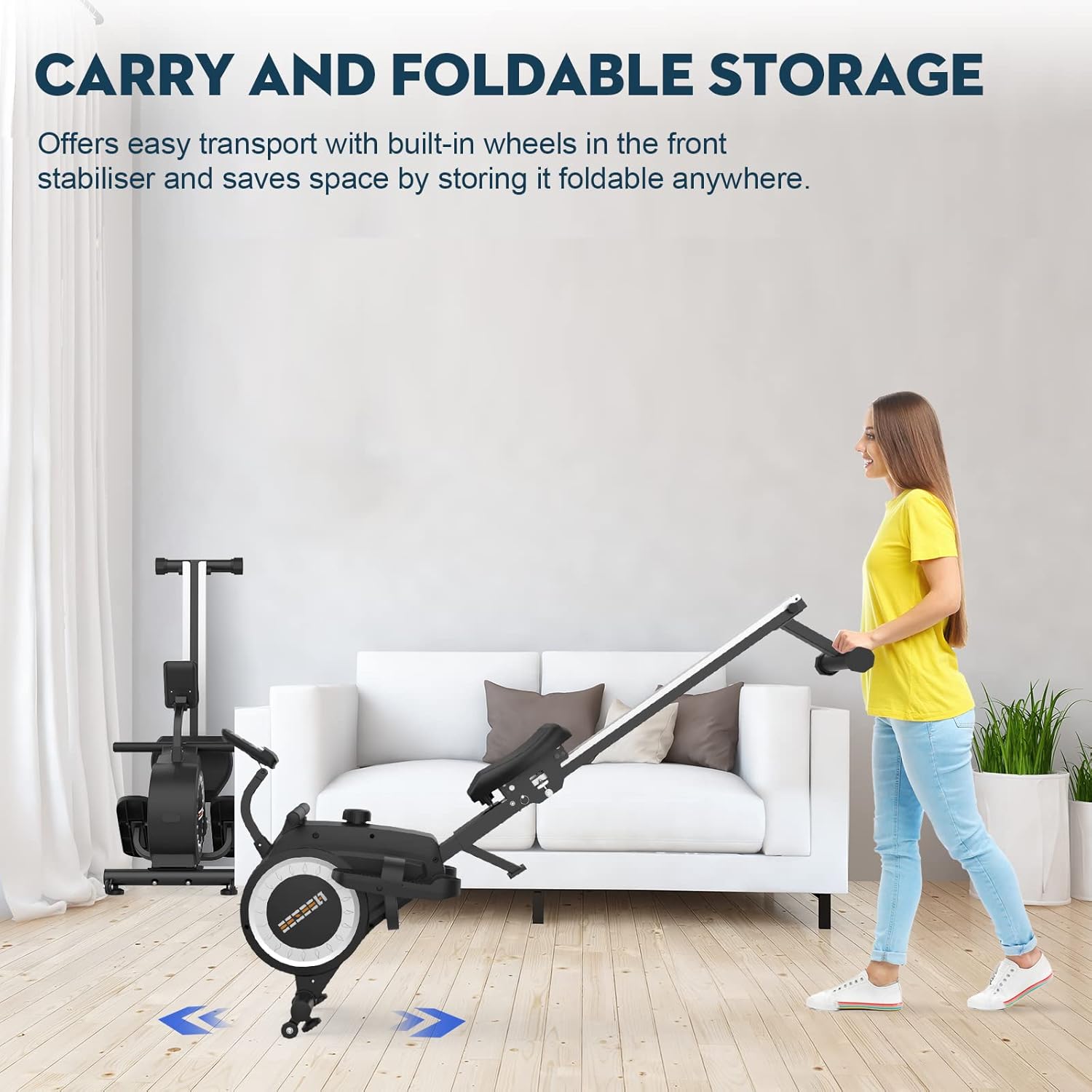 Woman easily moving the folded Neezee KH101B Rowing Machine using its transport wheels, demonstrating its portability and compact storage.