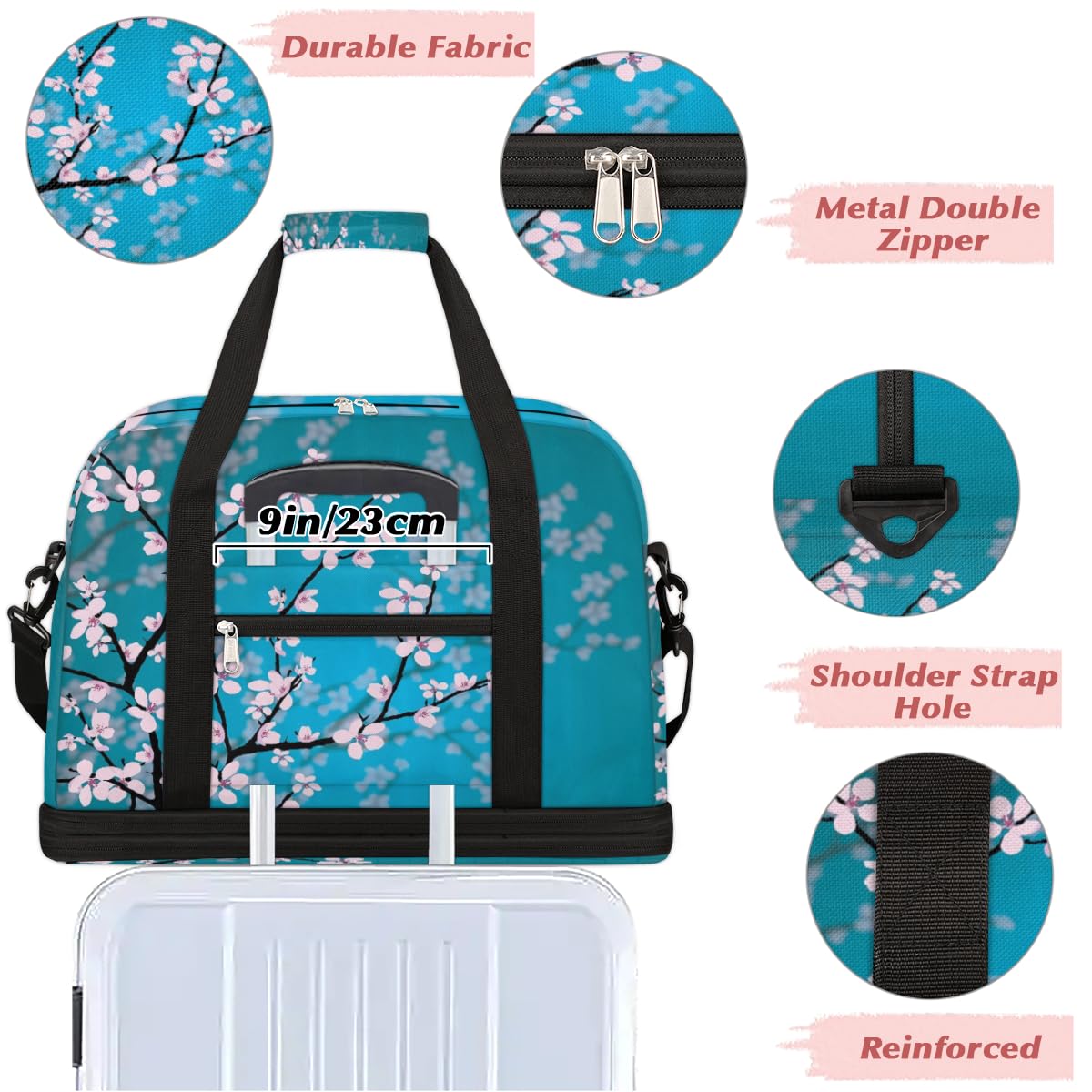 Bolsa de viaje plegable con estampado de flor de cerezo de 47 L, bolsa de fin de semana con funda de carrito de hombro separado para deportes, gimnasio, viajes, multicolor, 47L, Bolsa de viaje