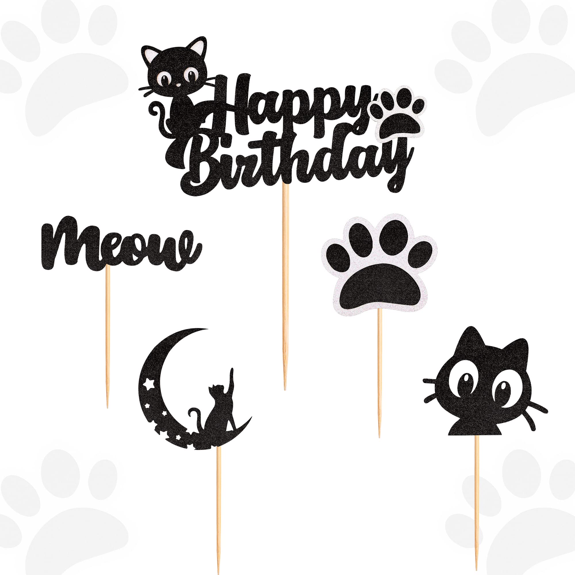 25 Cupcake-Topper Mit Katzen-Motiv – Schwarzer Glitzer, Für Katzenliebhaber-Partys – Inkl. Tortenaufsatz, Aus Karton