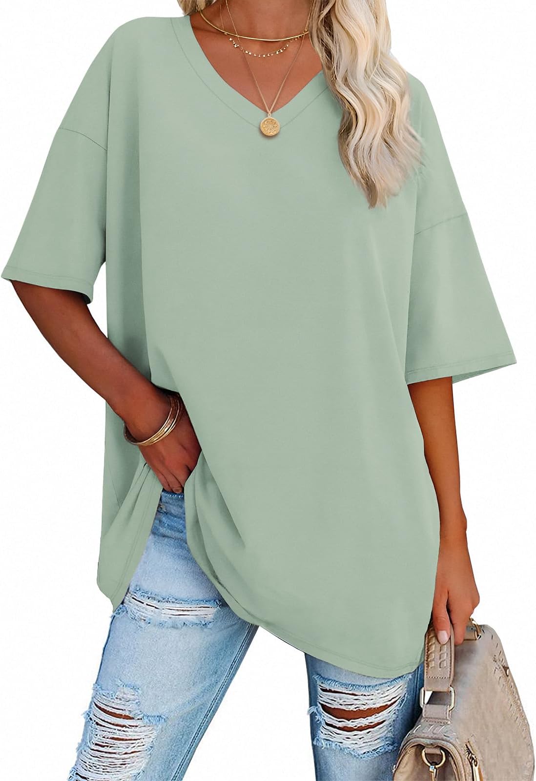 Womens Oversized Shirts V Neck Plus Size Spring Workout Summer Tops Beach Vacation 2026 Gym Clothes Basic Tee