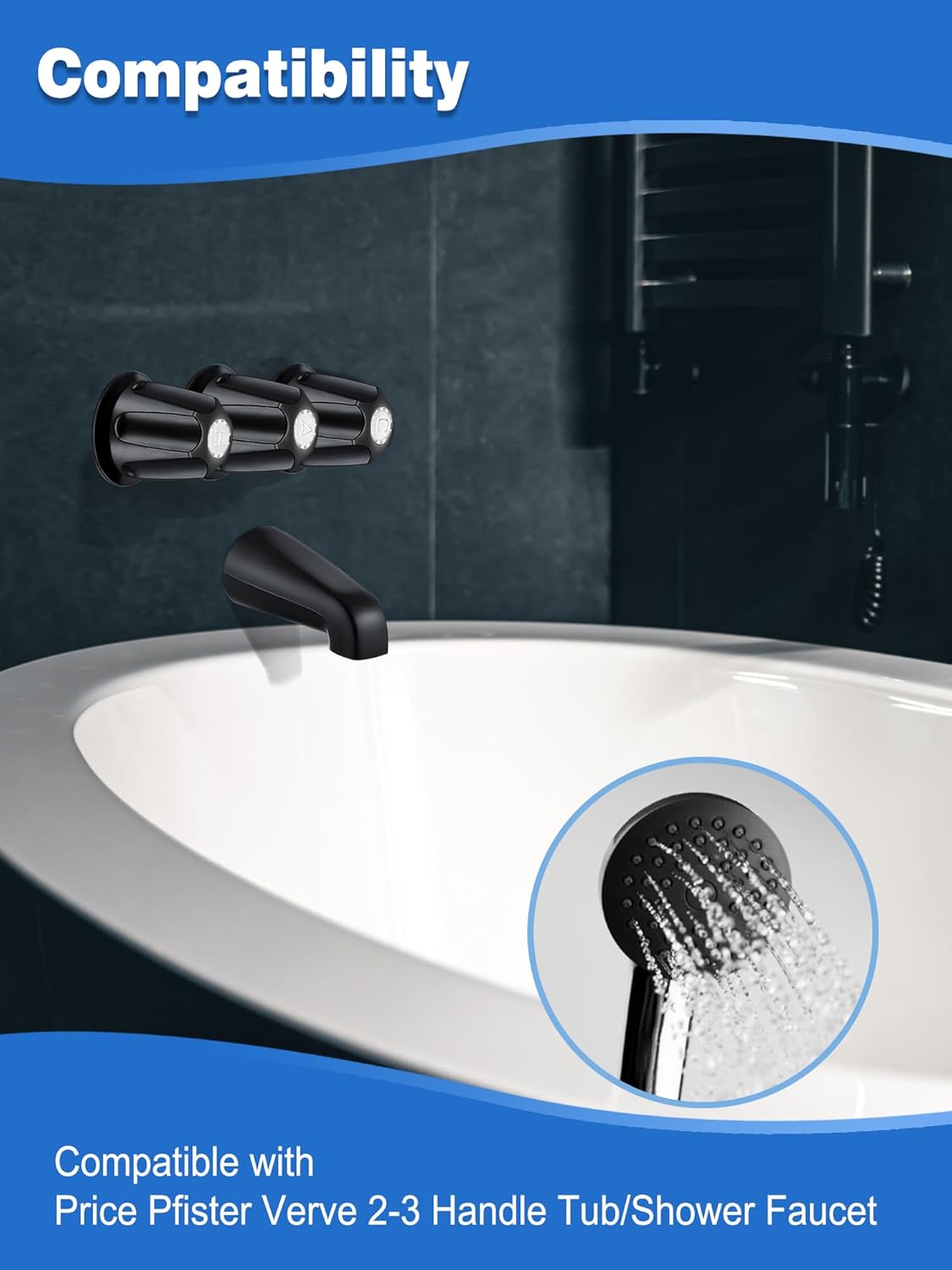 3 PCS Metal Shower Knob Replacement, Tub Faucet Handle with Hot/Cold/Diverter/Flange Base, Bathtub Knob Compatible with Price Pfister Verve Fits 5-1/2''H,12 Tooth Broach Stem (Black)