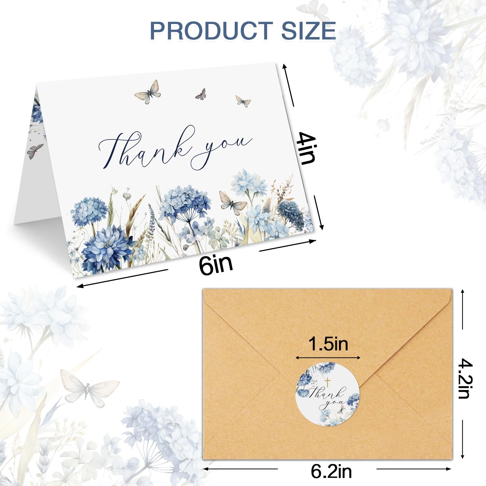 25 tarjetas de agradecimiento funerarias con sobres, tarjeta de duelo de flores azules de acuarela de 4 x 6 pulgadas para funerales, familiares, amigos, seres queridos, celebración de la vida