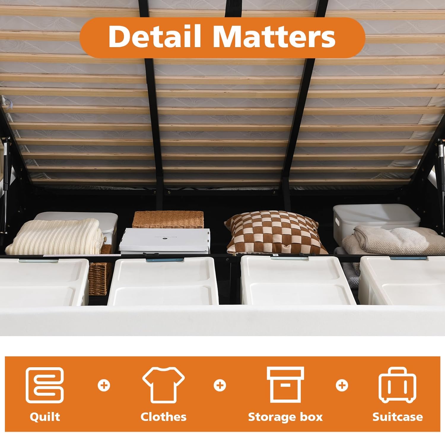 VELOCAVA King Size Upholstered Lift-Up Storage Bed, White Linen-Look Fabric Platform Bed with Vertical Panel Headboard, Hydraulic Lift Storage, Wooden Slat Support, No Box Spring Needed