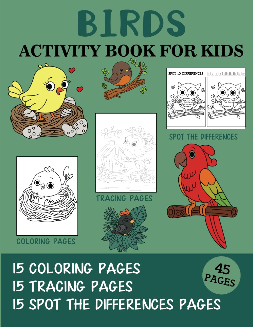 Birds Activity Book for Kids: Coloring, Tracing and Spot the Difference Pages