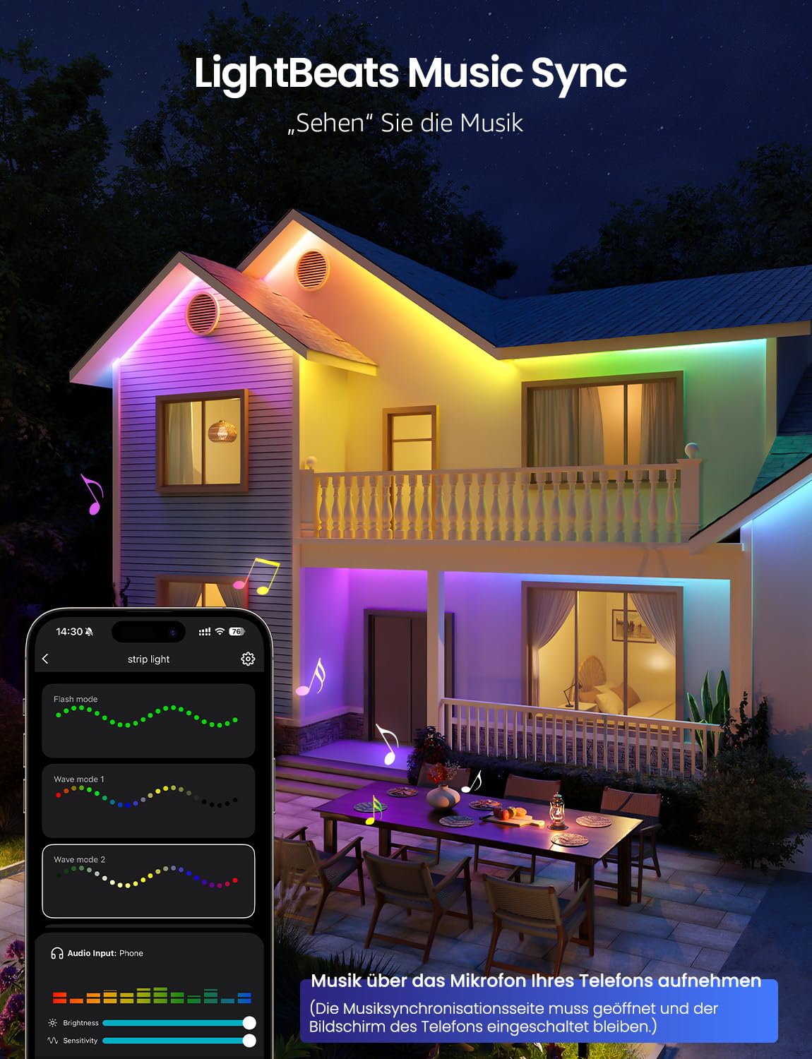 Lepro AI Smart LED Strip SW1, 5m, RGBCW, IP65, für außen, Musik-Sync, WLAN | KI-Lichtdesigner und Foto-zu-Licht erzeugen persönliche Farben; IP65 schützt den 5m LED Strip im Außenbereich; im Alltag.
