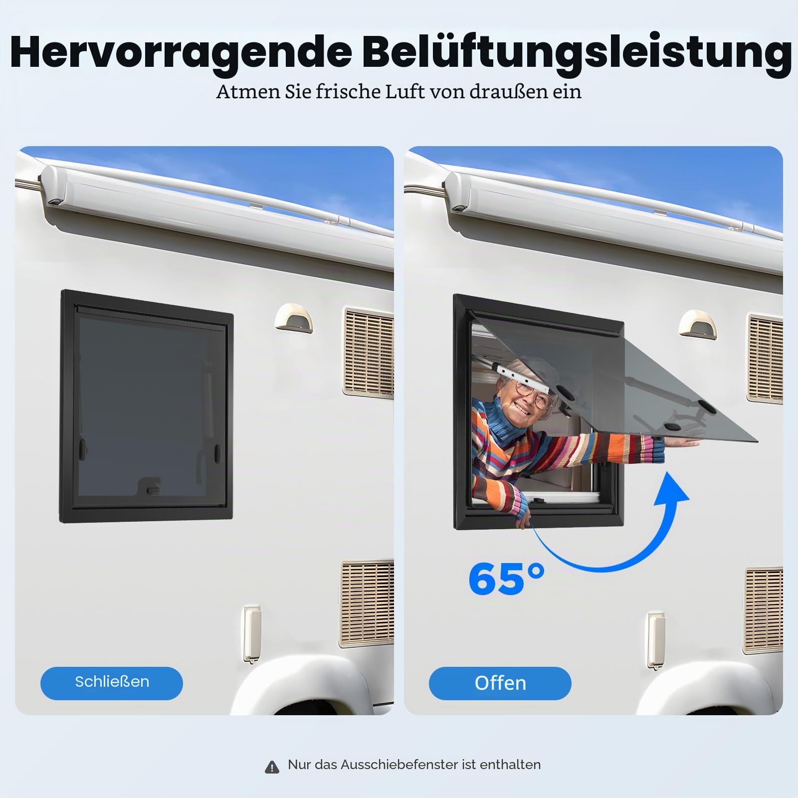 Wohnmobilfenster 650x500mm Wohnwagen Fenster, Ausstellfenster Camper Wohnmobil Fenster mit Rollo Camper 65°, RV Externes Push Fenster mit Fliegengitter und Integriertem