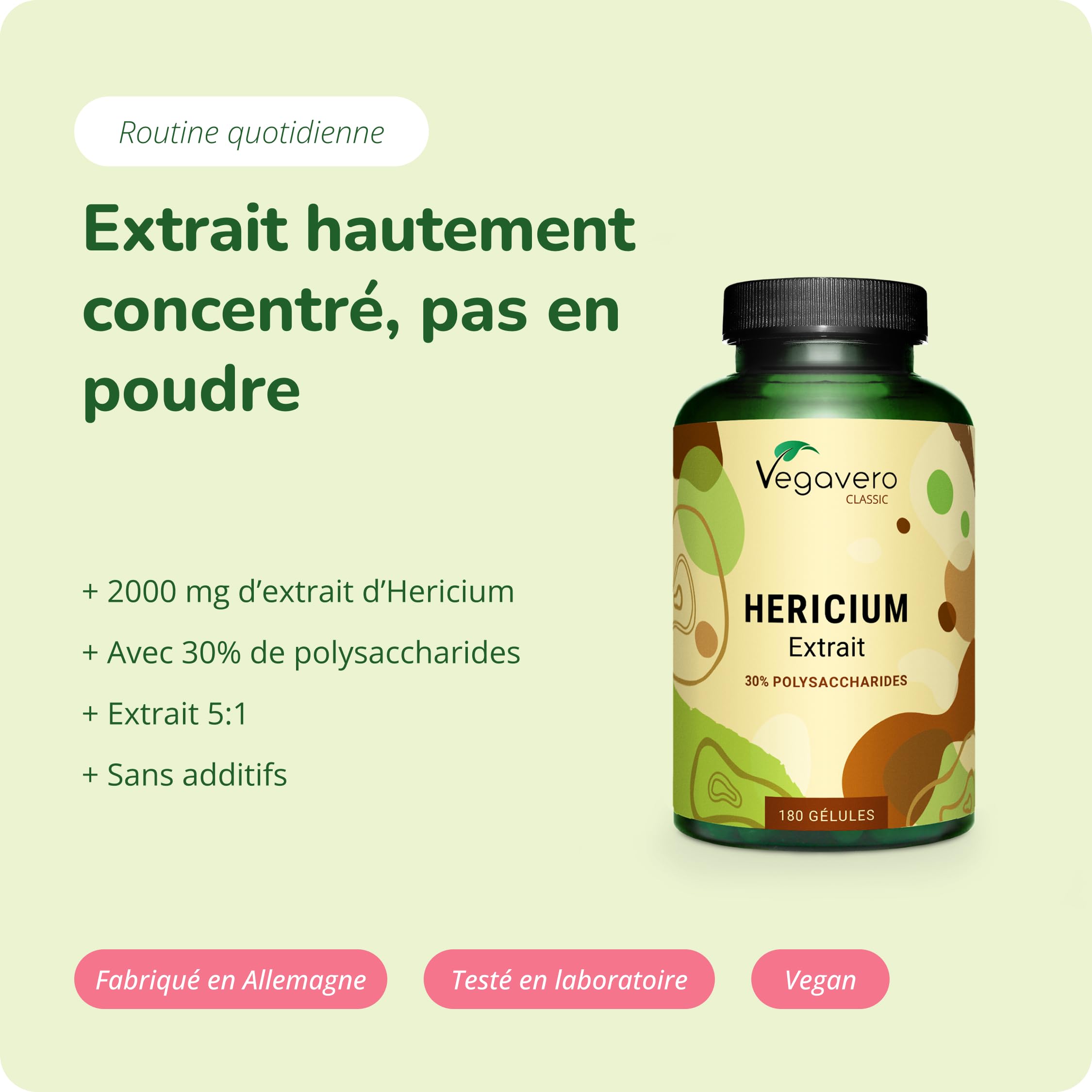 Lions Mane 10000 mg | Extrait Hericium | 30% Polysaccharides + 5% Bêta-Glucane | 180 Gélules | Vegan & Sans Additifs | Vegavero®