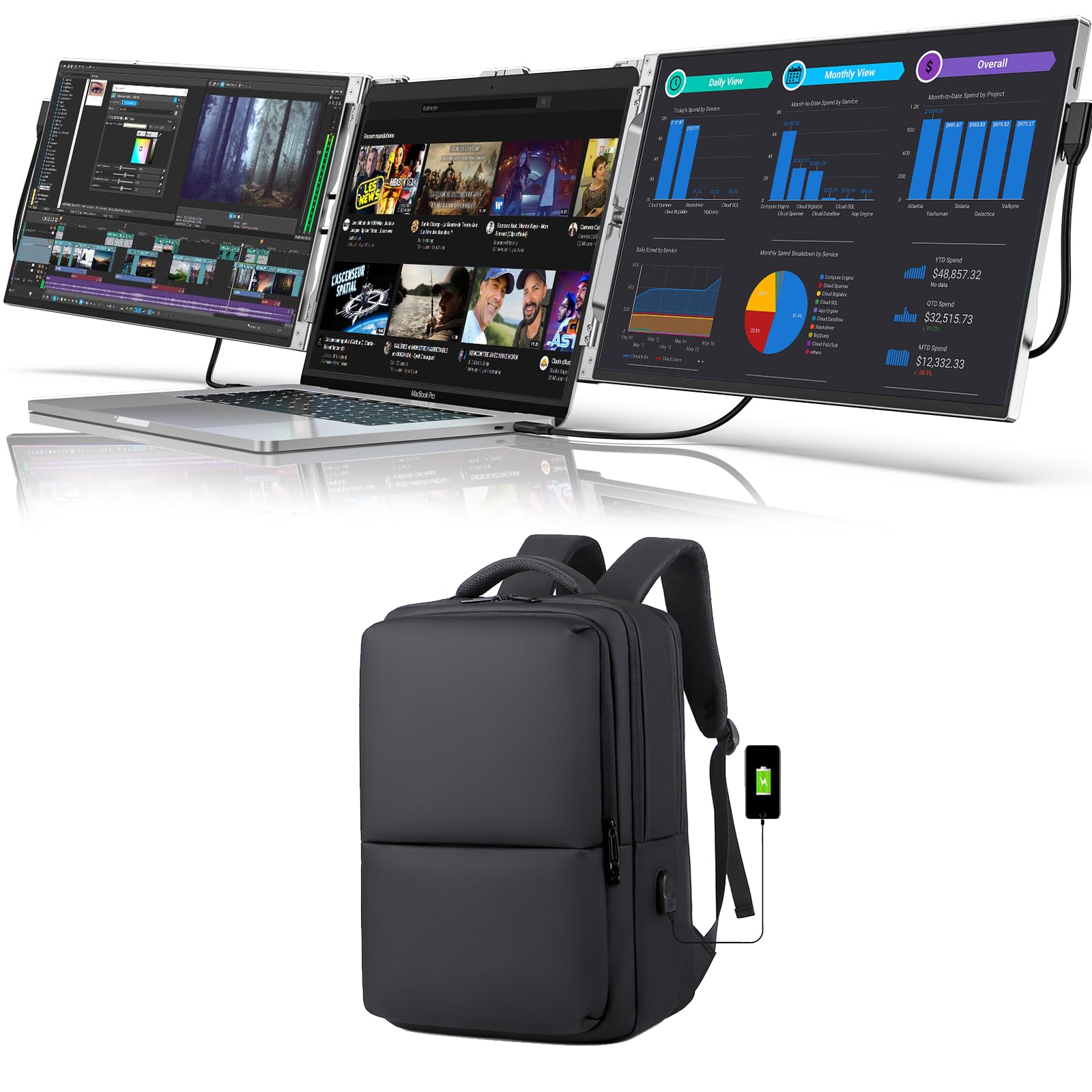 LIMINK Al Alloy Portable Triple Monitor + LIMINK Travel Laptop Backpack