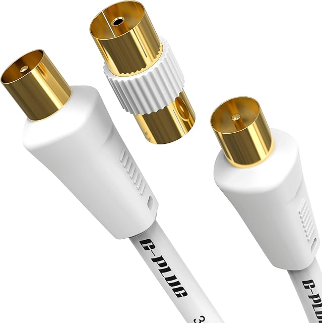 10m Long TV Aerial Cable with Plug Adapter - Coaxial Satellite Cable TV Antenna AV Lead Male to Male with RF Connector Coax Extension Gold - FreeView, FreeSat, Sky Box, BT