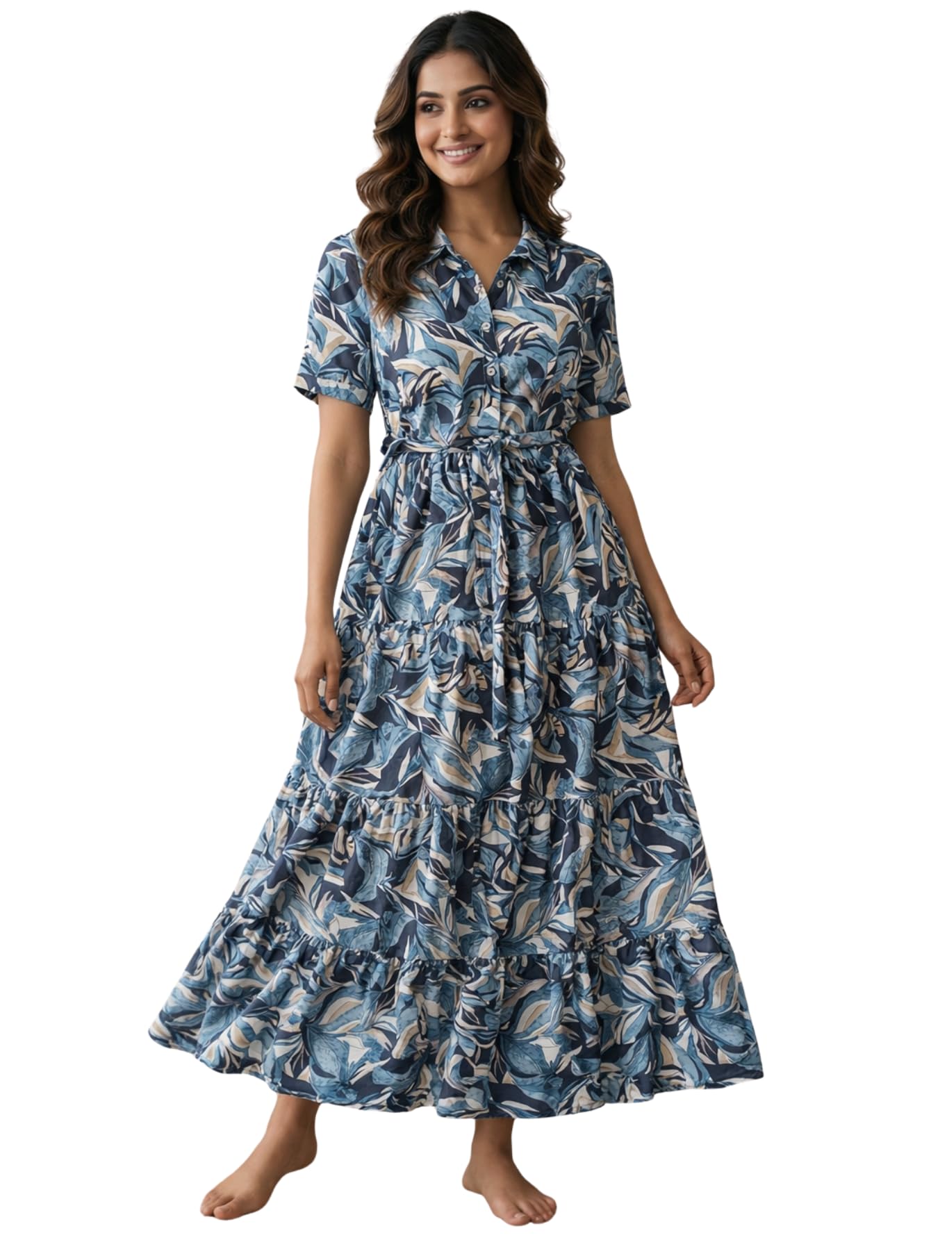 Bollyclues Women’s Crepe Fabric Printed Maxi Dress for Women| Lightweight, Breathable & Flowy | Short Sleeve Button-Down Casual Dress with Waist Tie | Stylish Summer & Vacation Wear Multicolour