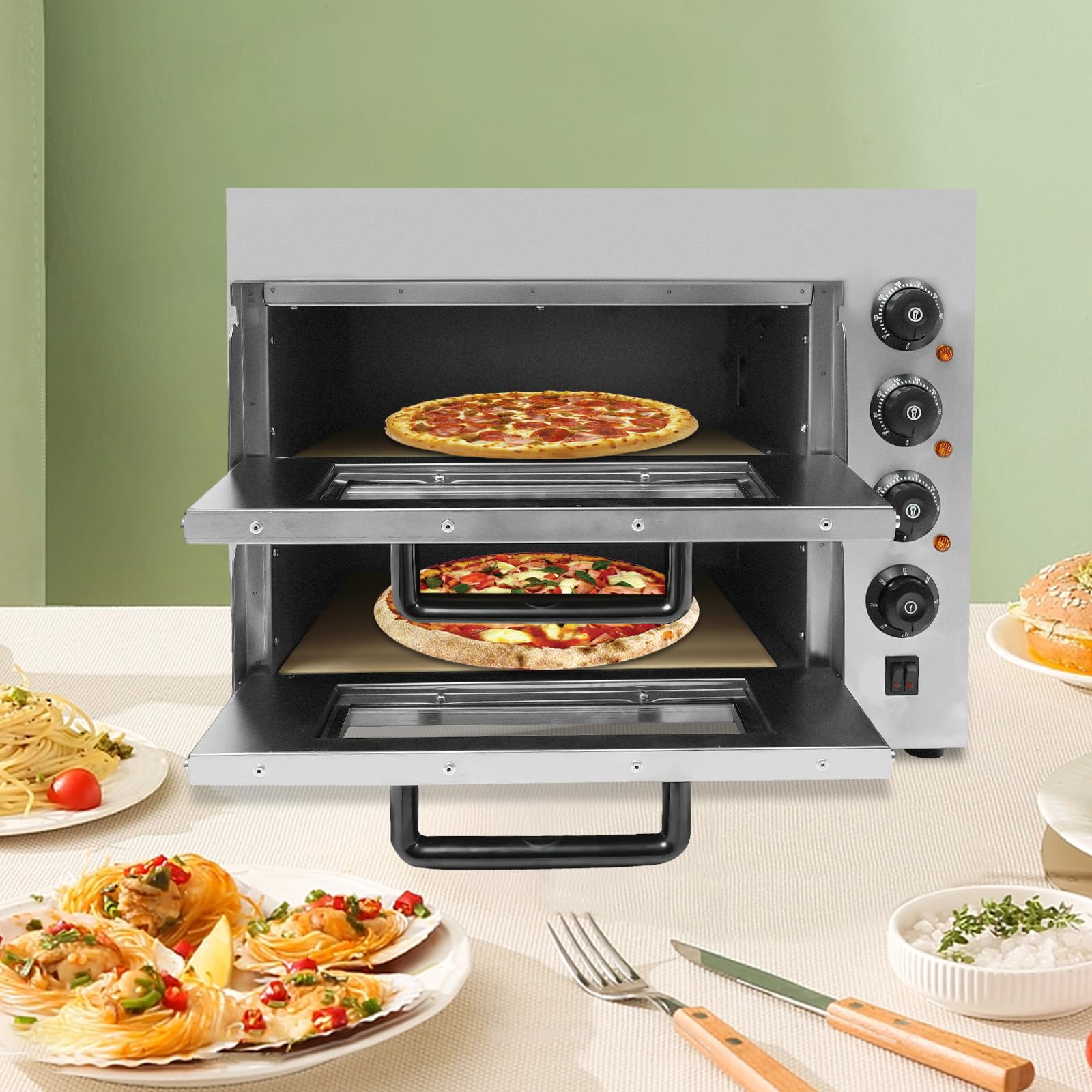 3000 W eléctrico de doble capa mini horno de pizza profesional de acero inoxidable con temporizador y guantes ajustables temperatura 50-350 ℃ ampliamente utilizado en cocinas domésticas, restaurantes