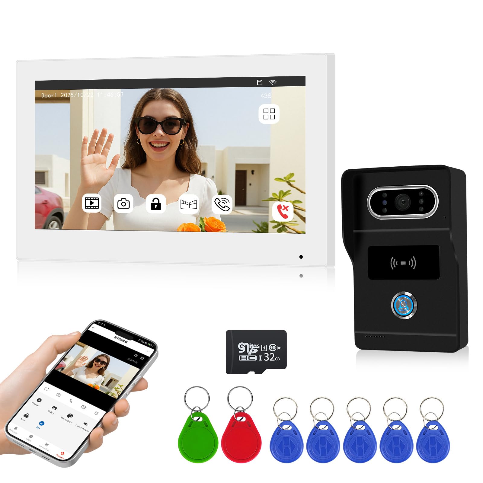 2 Fils Visiophone Connecté Interphone Vidéo, 7 Pouces Moniteur Tactile,1080P, Unlock à Distance, Audio Bidirectionnel, Vision Nocturne, Installation Facile