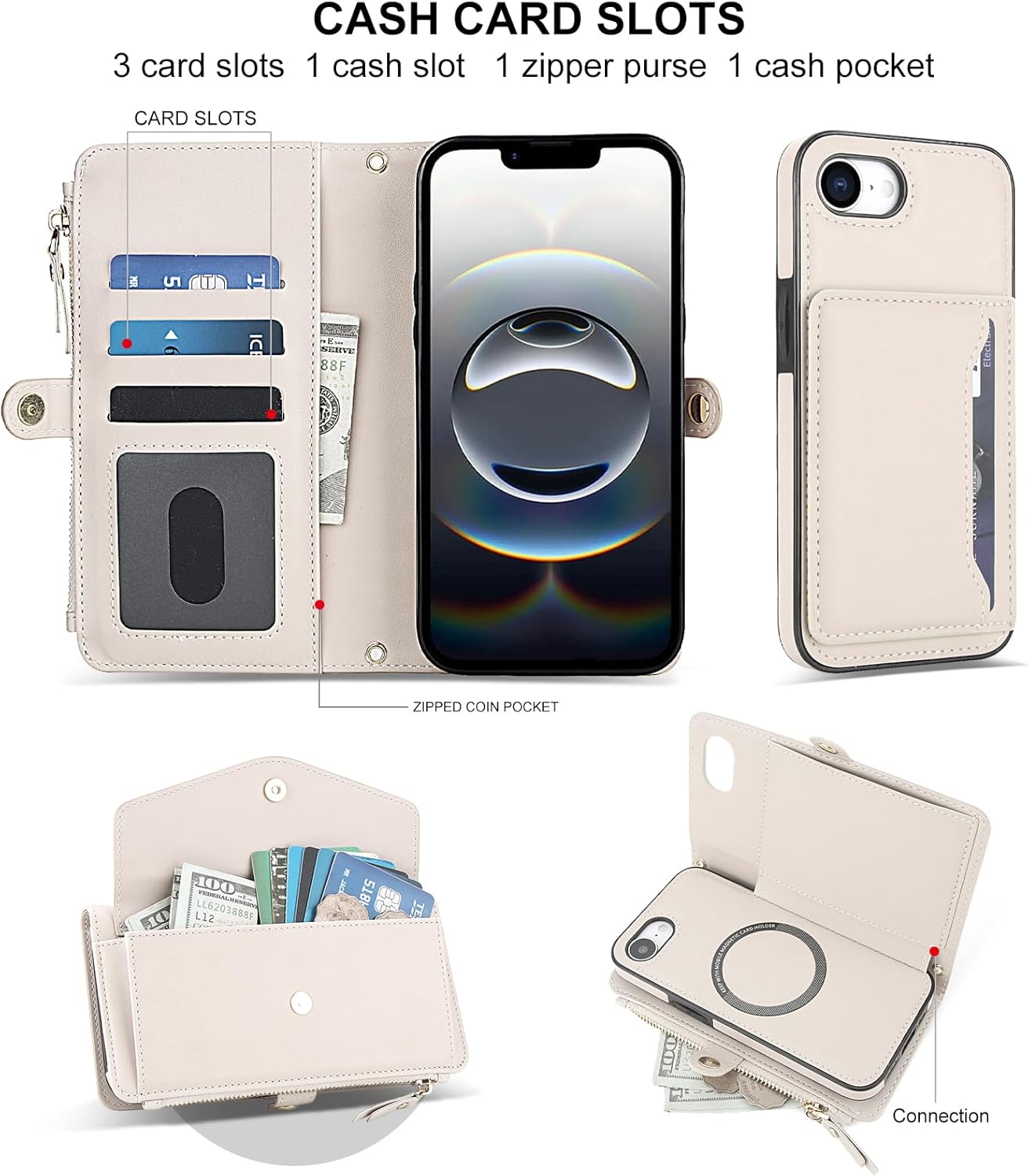Phone Case for iPhone 16e/SE 2025/SE 4 Wallet Cover Compatible with RFID Screen Protector Crossbody Lanyard Strap Flip Card Holder Slot Cell i Phone16e i16e 16 e SE4 4th Generation 16eCase Off White