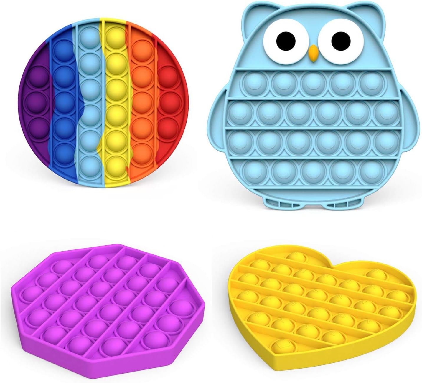 LEERUI Pop Rainbow Bubble Push Sensory Fidget Toy, Pop Educational School Game Crafts Gift, Silicone Stress Reliever, for Kids Teen(4P-Owl+Heart+Round+Octagon)