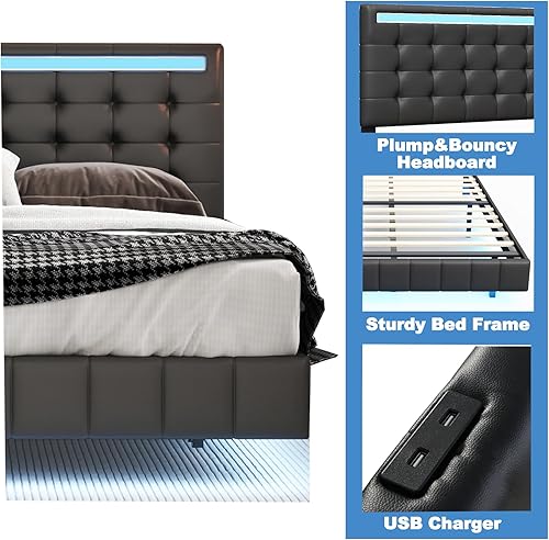 Miniatura 12 de Elegante marco de cama flotante de tamaño Queen con cabecera LED ambiental y puertos USB integrados, base de colchón tapizada contemporánea para