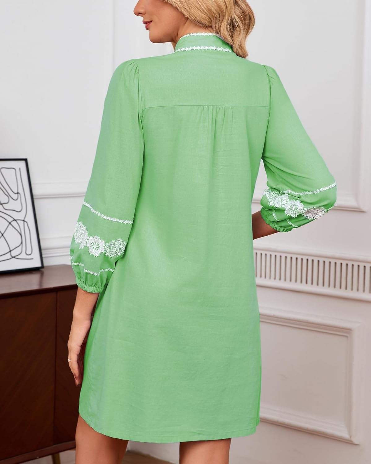 Women's Lace Floral Tunic Dress 3/4 Puff Sleeve V Neck 3D Embroidered Mini Dress - Image 8