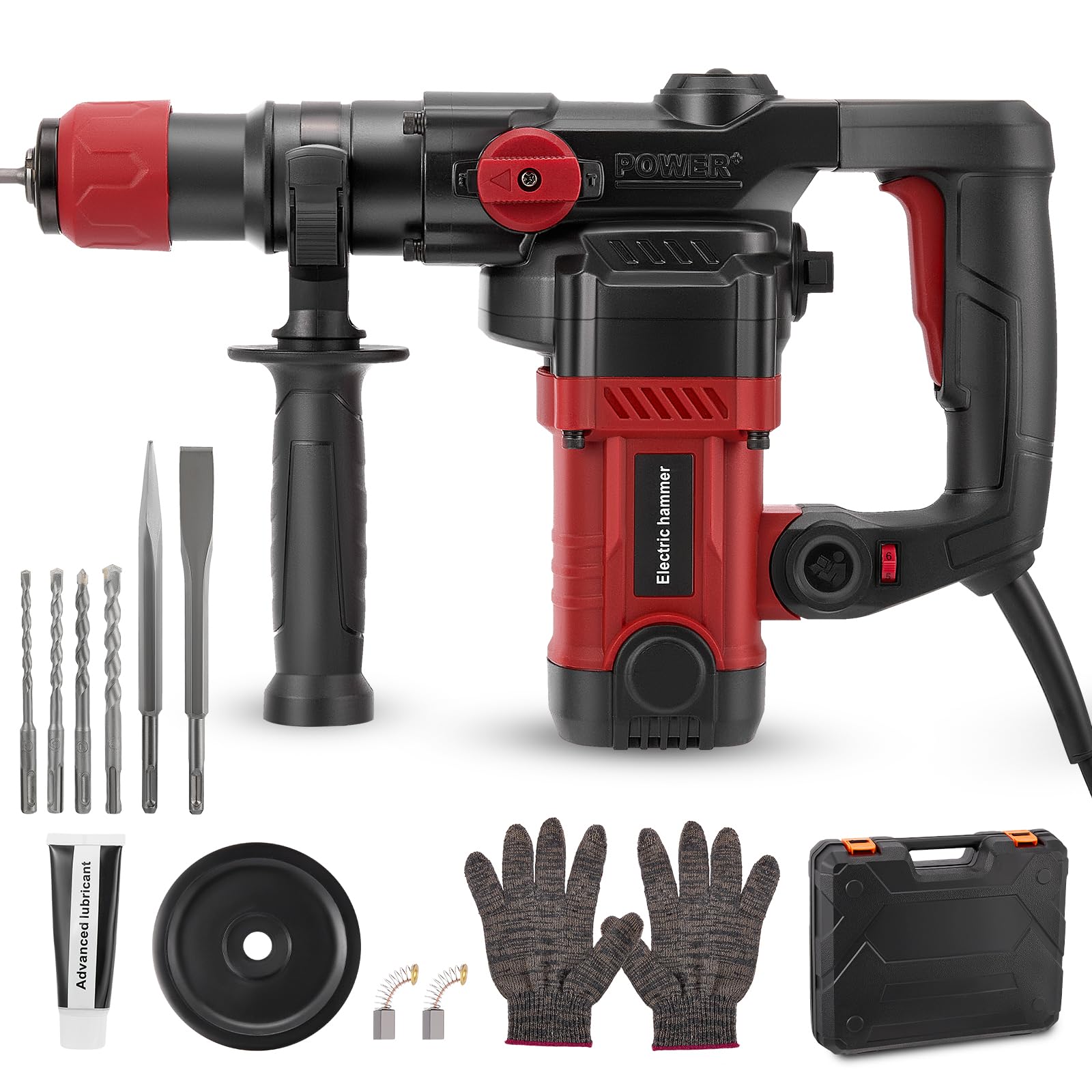 1200W martillo demoledor,energía de impacto de 5J,6 velocidades ajustables,velocidad sin carga 1050 RPM,con 4 piezas SDS Plus,profundidad de perforación de hasta 20 mm Mango antivibración