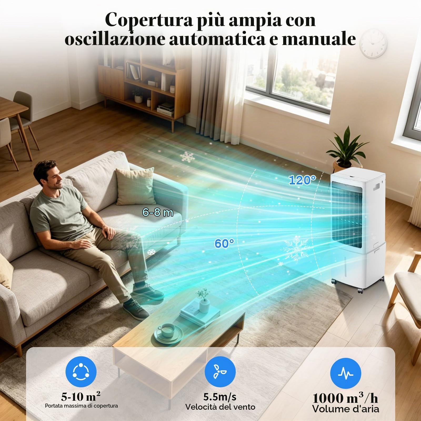 12L Rinfrescatore d'Aria Portatile, Raffrescatore Evaporativo con Telecomando, Timer, 2 Scatole del Ghiaccio