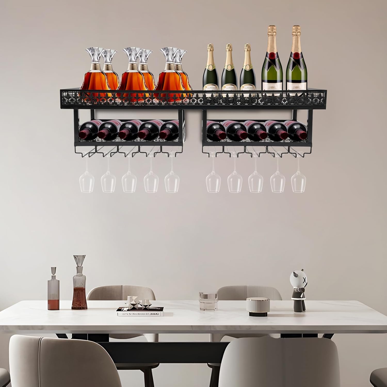 Industrial Wall Mounted Wine Rack with Glass Holders, 2-Tier Metal Wall Wine Rack Bottle Holder Shelf, 47"x12"x11.8" Large Wine Storage Display Rack for Home Bar Kitchen (Black)