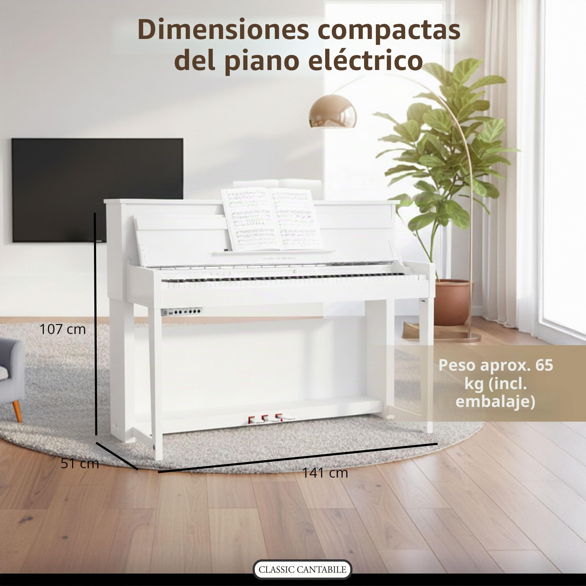 Classic Cantabile UP-1 WH Piano Vertical Digital - 88 Teclas con Peso - Teclado electronico con USB, MIDI, 40 voces, 256 polifonía - Organo musical Set con Banqueta y Auriculares - Blanco Brillante