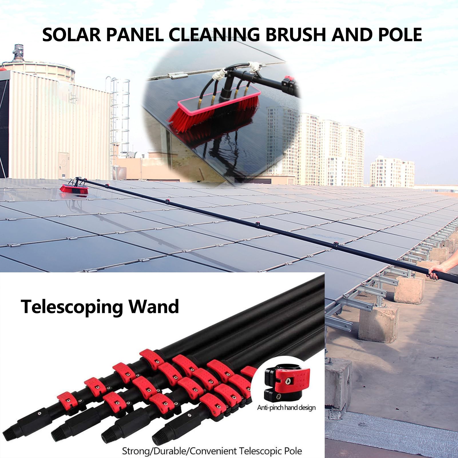 Solarmodul-Reinigungssystem mit Wasserzufuhrstange, Fensterreinigungsbürste und Wasserzufuhrstangen-Set mit Bürste und 4 Sprühdüsenspitzen, ausziehbares Photovoltaikmodul mit Flexibler Bürs